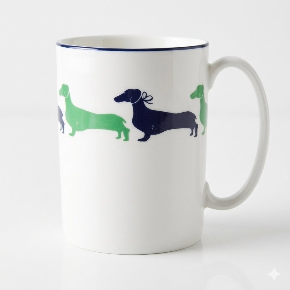 Kate Spade Wickford Dachshund Mug Unisex OS White Green Navy Lenox Porcelain NEW